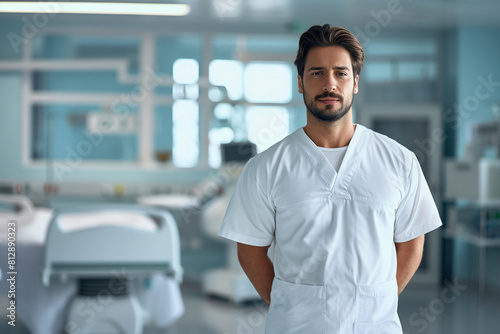 clinical atmosphere of a hospital, a portrait of the professionalism and assurance of a male surgeon, standing confidently in his white uniform against a clinic background, embodyi photo