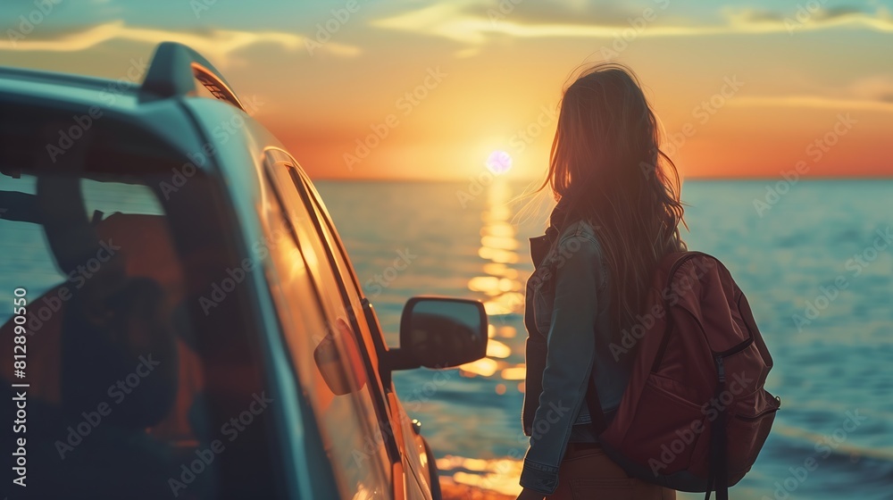 Young happy woman traveler enjoying the sunset at the sea while standing next to the car Summer holidays and travel concept : Generative AI