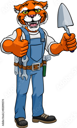 A tiger bricklayer builder construction worker mascot cartoon character holding a trowel tool and giving a thumbs up