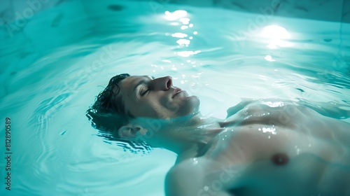 A man relaxes under a hydromassage in a beautiful clean pool Relieve muscle tension and spasms Special equipment for hydromassage Turn ordinary swimming into a pleasant relaxing activi : Generative AI photo