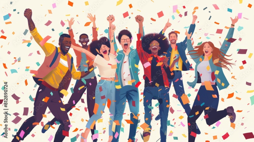 A happy diverse team of startup business people celebrate their business success amidst confetti. hyper realistic A happy diverse team of startup business people celebrate their business success amidst confetti. hyper realistic