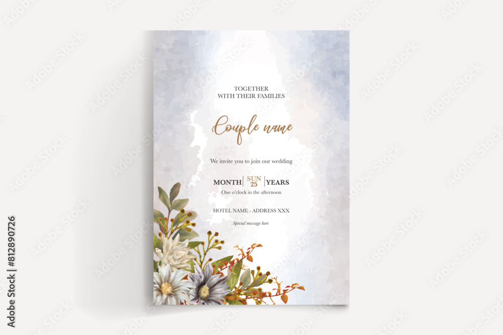 WEDDING INVITATION FRAME WITH FLOWER DECORATIONS AND FRESH LEAVES WEDDING INVITATION FRAME WITH FLOWER DECORATIONS AND FRESH LEAVES