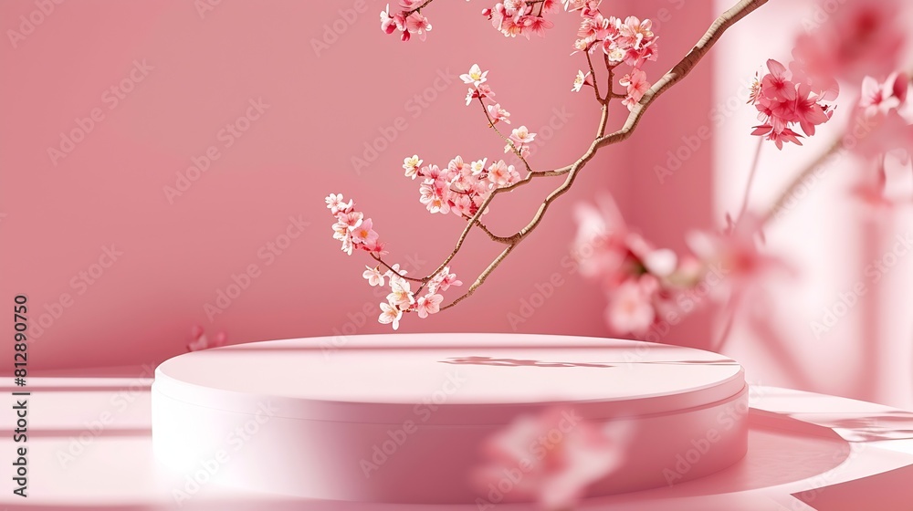 Round podium with branch of sakura in pink color Mockup to promote eco or organic product cosmetics : Generative AI Round podium with branch of sakura in pink color Mockup to promote eco or organic product cosmetics : Generative AI