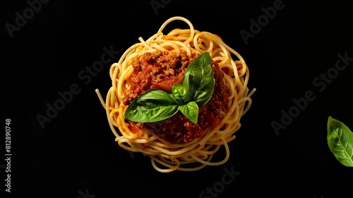 Spaghetti and tomato sauce with minced meat and fresh basil on a black background Top view horizontal The concept of culinary backgrounds : Generative AI