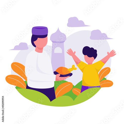 father and son greeting of eid al adha concept with flat illustrations