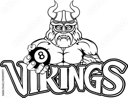 A viking angry mean pool billiards mascot cartoon character holding a black 8 ball.
