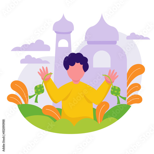 happy kid greeting of eid al adha concept with flat illustrations