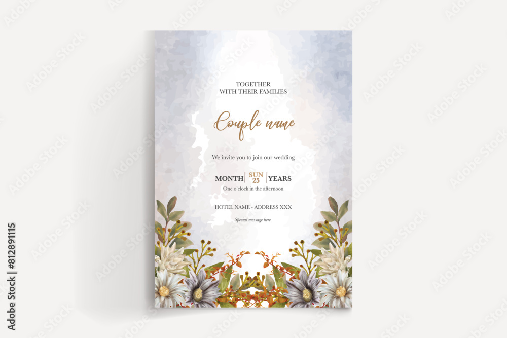 WEDDING INVITATION FRAME WITH FLOWER DECORATIONS AND FRESH LEAVES