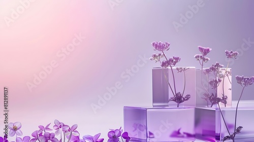 Two transparent podiums in cube and rectangle shape are arranged with many purple flowers on gradient background Vacant space to display natural beauty product : Generative AI