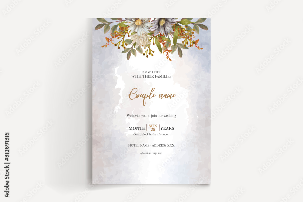 WEDDING INVITATION FRAME WITH FLOWER DECORATIONS AND FRESH LEAVES WEDDING INVITATION FRAME WITH FLOWER DECORATIONS AND FRESH LEAVES