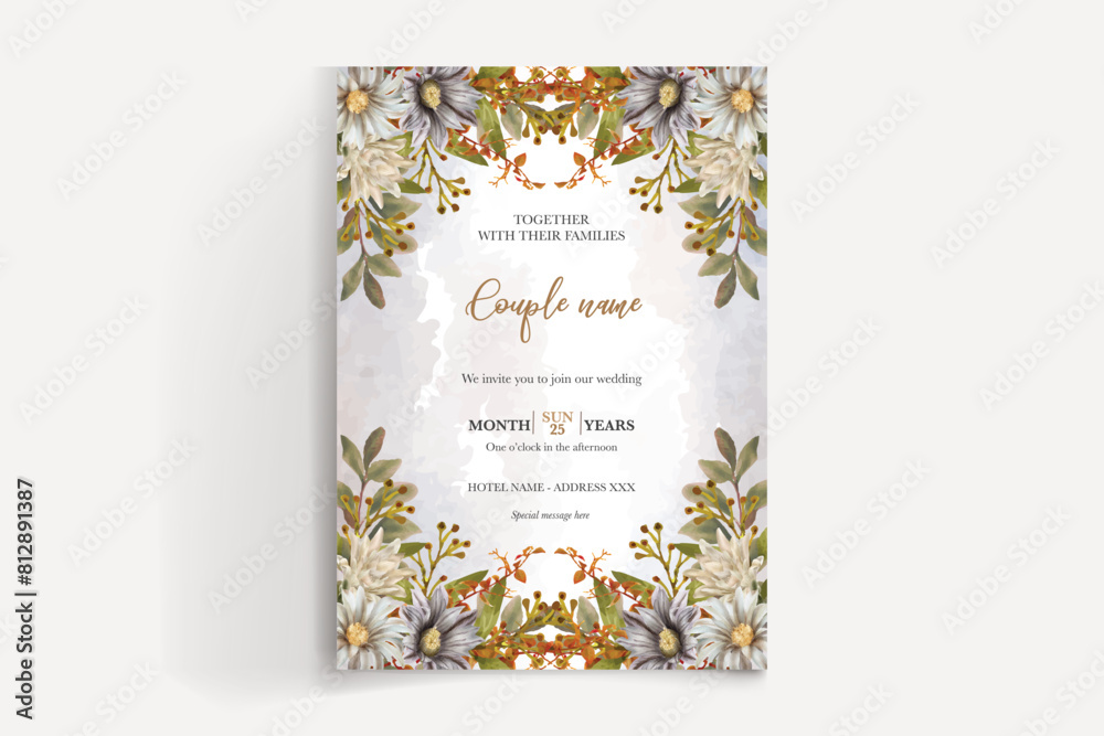 WEDDING INVITATION FRAME WITH FLOWER DECORATIONS AND FRESH LEAVES