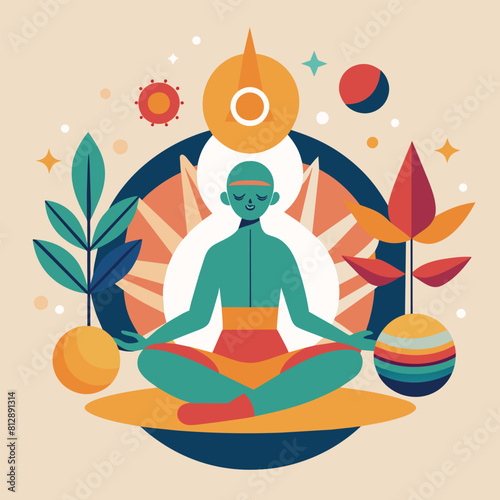 Man practicing yoga, sitting in lotus position, Generate an art piece that represents the unity of mind, body, and spirit in a minimalist style