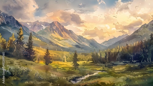 Beautiful watercolor painting of green valley with mountains, trees, and river

 photo