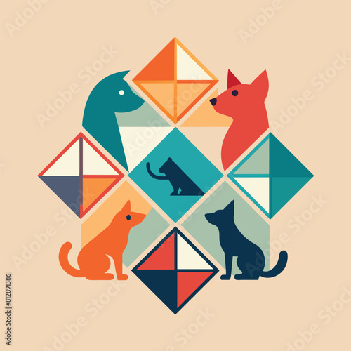 A group of dogs and cats sitting facing each other in a geometric arrangement, Geometric shapes arranged to resemble pets playing, minimalist logo