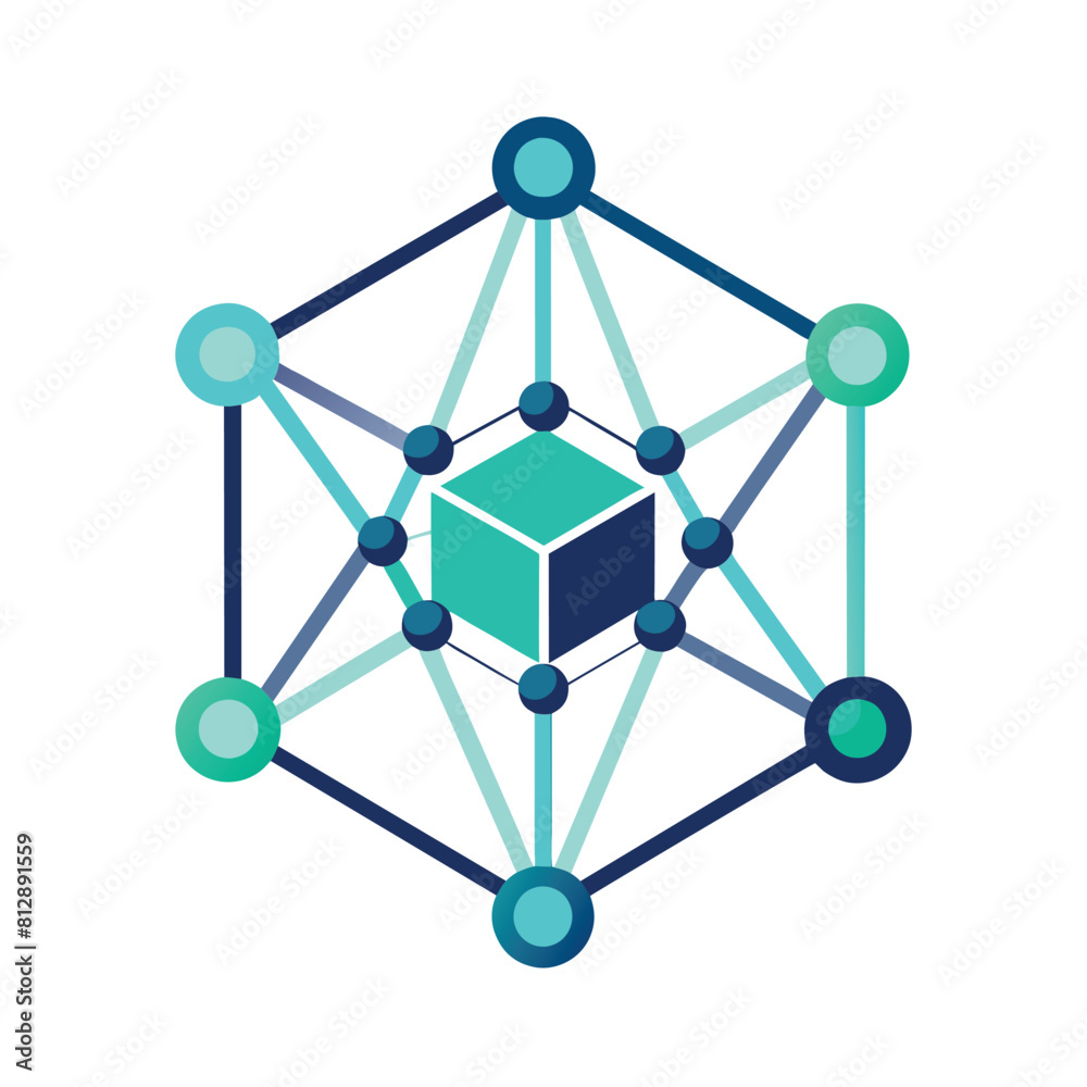 A cube is surrounded by interconnected circles and dots representing network connectivity, Geometric shapes representing network connectivity, minimalist logo A cube is surrounded by interconnected circles and dots representing network connectivity, Geometric shapes representing network connectivity, minimalist logo