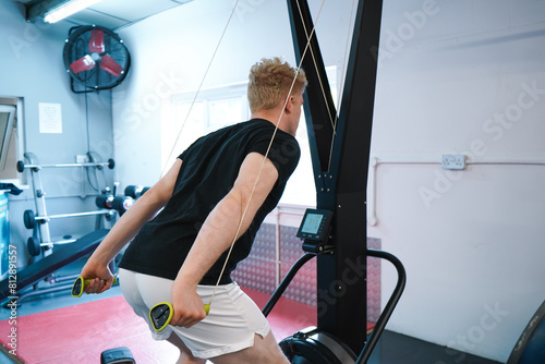 Rear view shot of an athletic man working out on a ski erg gym machine