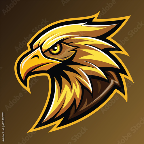 Close-up of a powerful golden eagle head with sharp eyes and beak, set against a solid brown background, Golden Eagle Logo and Mascot Illustration, Dynamic Vector Graphic