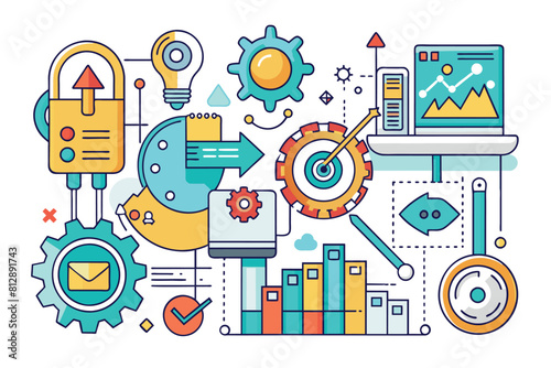 Assorted Items Arranged on Table, Graphic elements suggesting automation and efficiency, minimalist logo