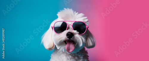 cute dong wearing sunglass on pastel color background photo