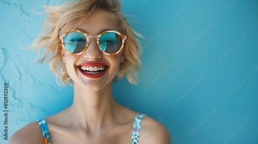 Young smiling blond model in summer swimwear colourful bathing suit Sexy carefree woman having fun and going crazy Female posing near blue wall in studio Cheerful and happy in sunglass : Generative AI Young smiling blond model in summer swimwear colourful bathing suit Sexy carefree woman having fun and going crazy Female posing near blue wall in studio Cheerful and happy in sunglass : Generative AI