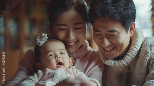 Warm Family Moment:Asian Parents Sharing Loving Embrace with Their Children in Cozy Home Interior