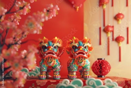 Colorful lion dance statues symbolizing luck and prosperity for lunar new year celebrations