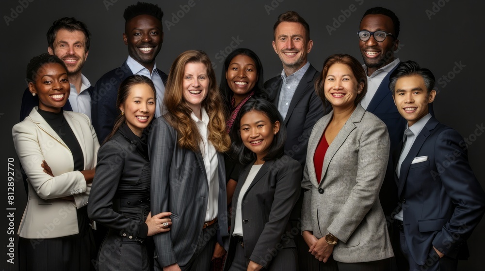 Diverse professional team smiling in business attire for corporate portrait hyper realistic Diverse professional team smiling in business attire for corporate portrait hyper realistic