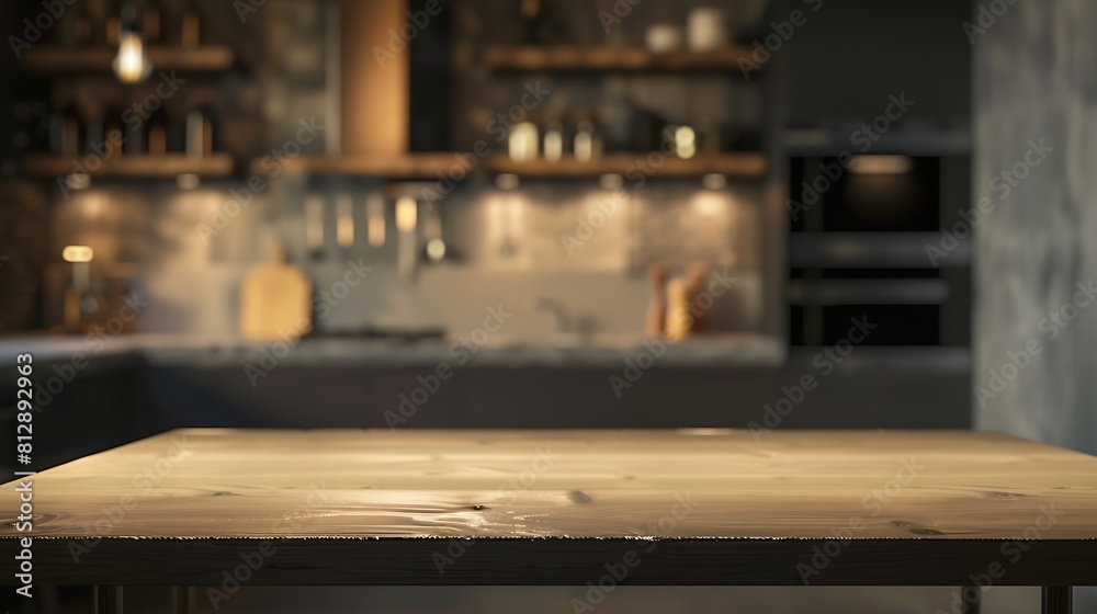 empty table board and defocused modern kitchen background product display concept : Generative AI empty table board and defocused modern kitchen background product display concept : Generative AI