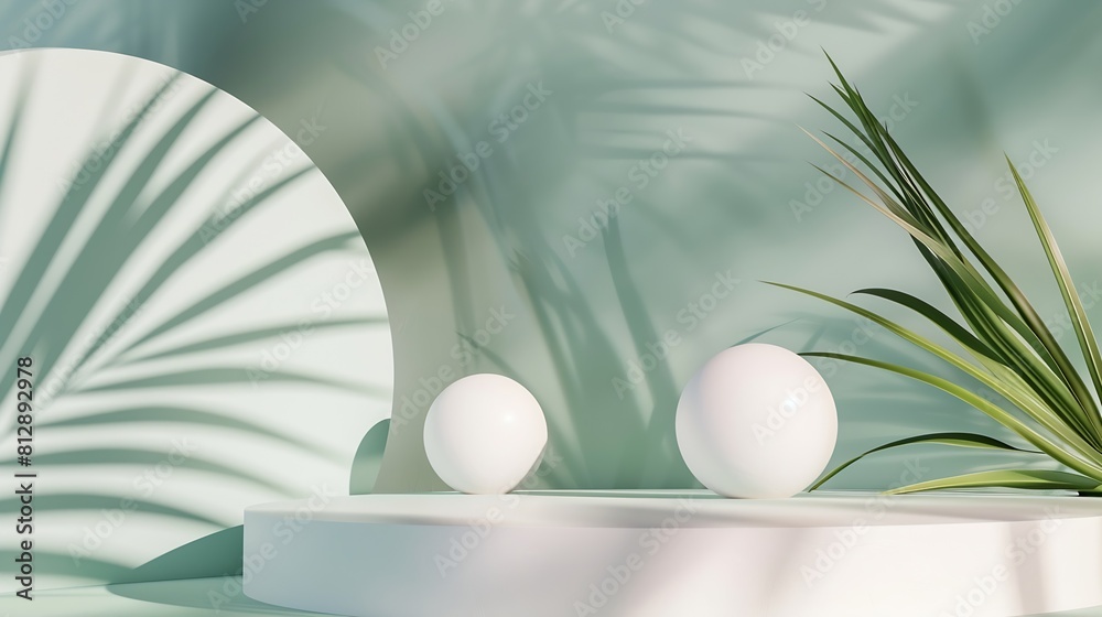 Minimal abstract scene with grass balls and the shadow of palm leaves on a green background Premium empty podium for product promotion beauty natural eco cosmetic Showcase display case : Generative AI Minimal abstract scene with grass balls and the shadow of palm leaves on a green background Premium empty podium for product promotion beauty natural eco cosmetic Showcase display case : Generative AI