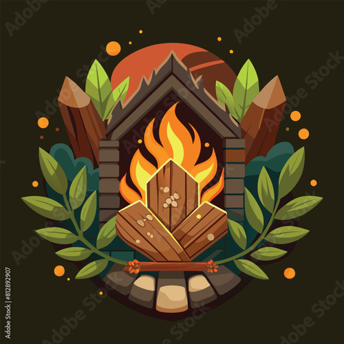 A house on fire with leaves scattered around it, showcasing a dangerous and destructive scene, Incorporating natural elements like wood or stone for warmth and texture