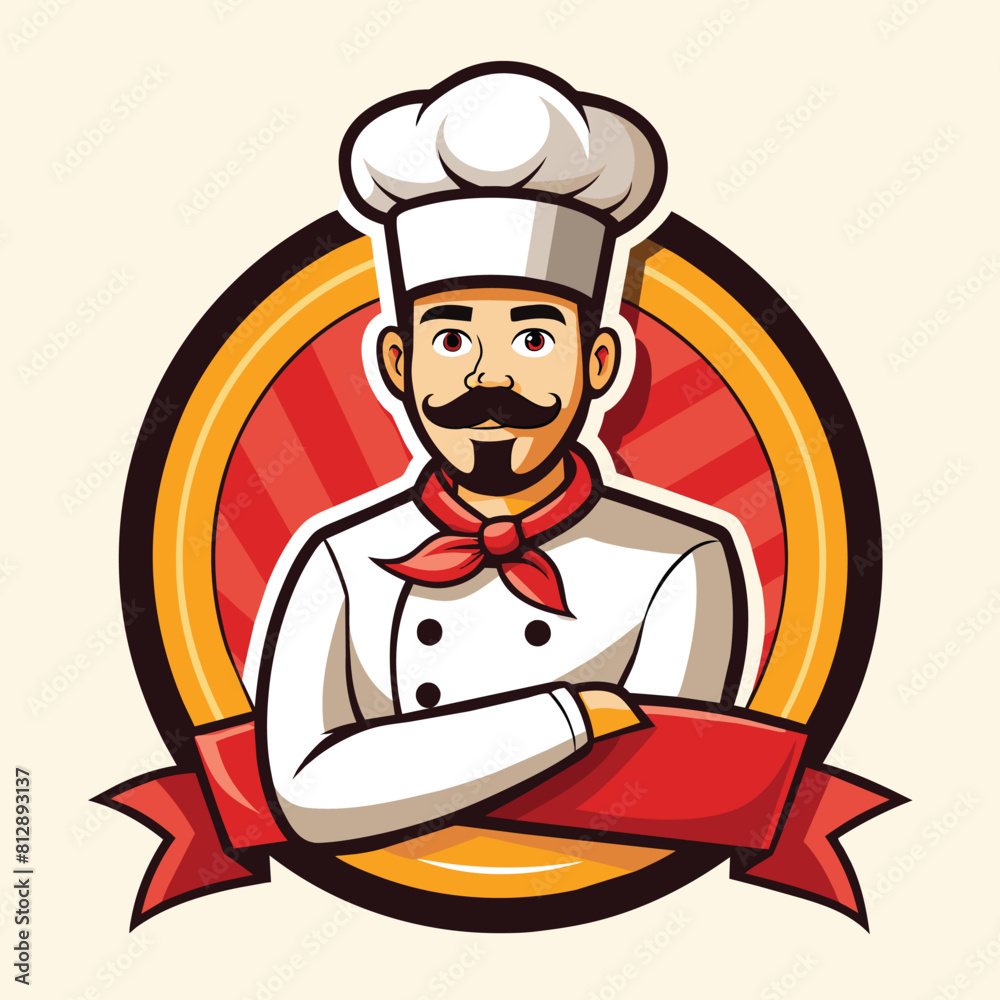 A man in a chefs uniform wearing a red ribbon around his neck, Kitchen Chef Logo Design A man in a chefs uniform wearing a red ribbon around his neck, Kitchen Chef Logo Design