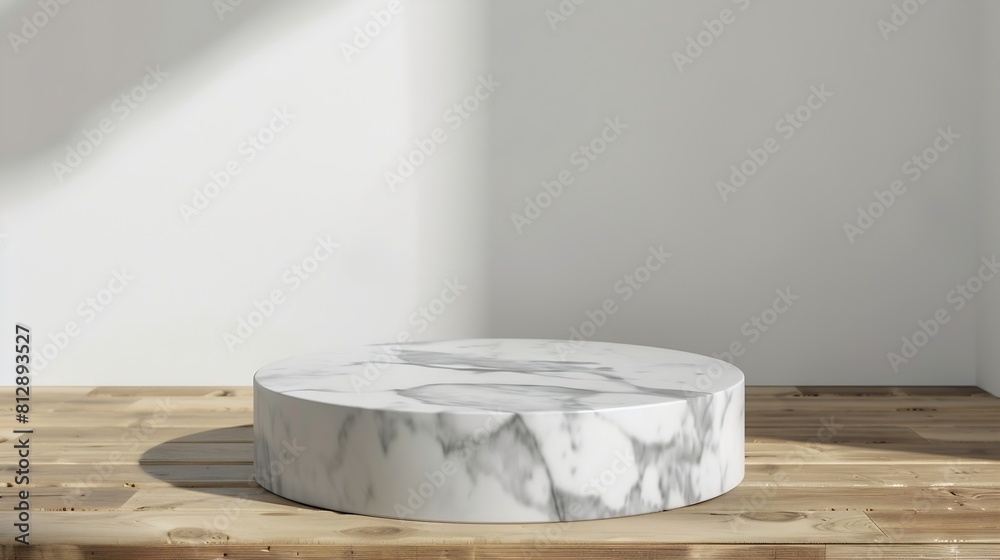 3d marble display podium on wooden floor against white : Generative AI 3d marble display podium on wooden floor against white : Generative AI