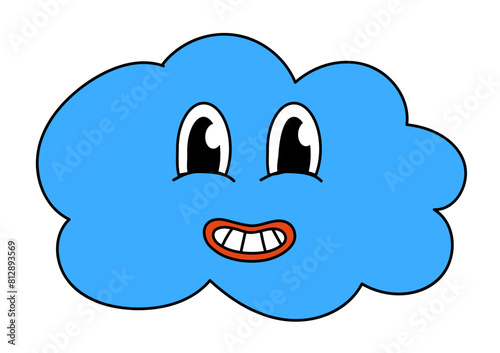 Retro 70s 60s 80s Hippie Groovy cute Blue Cloud. Smiling face. Vector illustration isolated on a white background.