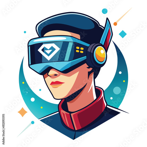 A man is experiencing virtual reality by wearing a headset, immersing himself in a digital environment, man head with virtual reality helmet logo