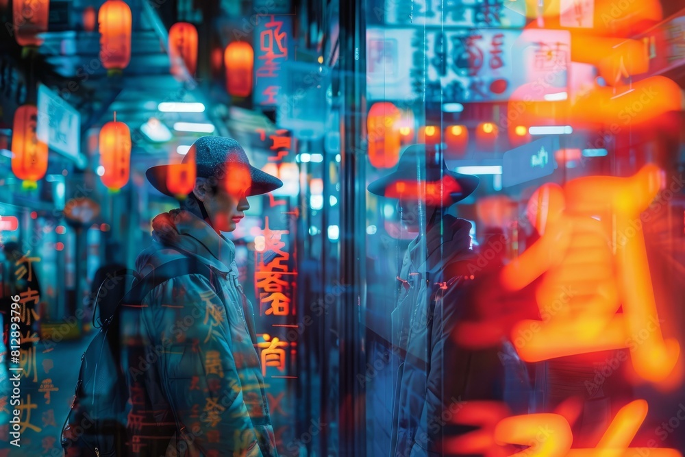 custom made wallpaper toronto digitalVibrant night scene with a person's reflection among colorful neon signs in an asian city