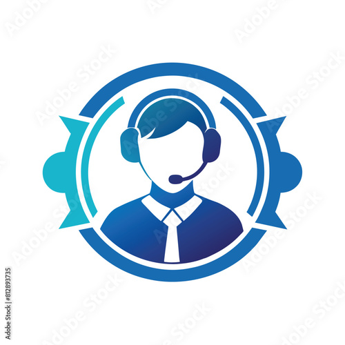 A man wearing a headset surrounded by arrows, symbolizing technology or communication support services, Minimal logo depicting IT support services, minimalist logo