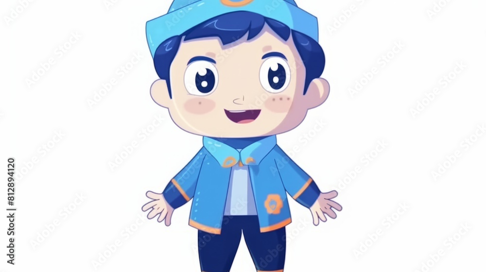 https://s.mj.run/D3JextD8YMs Flat style illustration, flat illustration, simple, white background, color illustration. A cute blue cartoon character with a cute smile. The whole body 