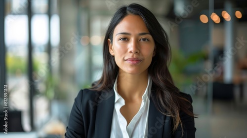 Hispanic female executive exuding confidence in a modern office setting, dressed in formal business attire, radiating leadership and success, portrait orientation, generative ai hyper realistic  photo