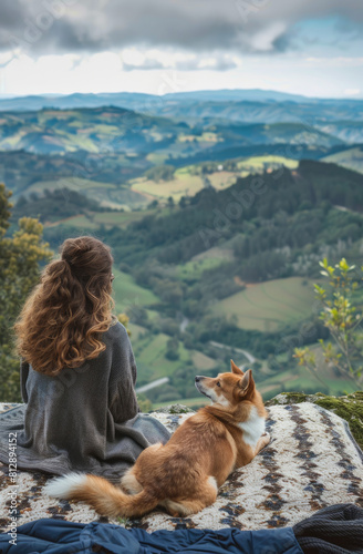 Back view of unrecognizable female traveler lying on comfortable mattress near obedient basenji dog and admiring picturesque landscape of asturias