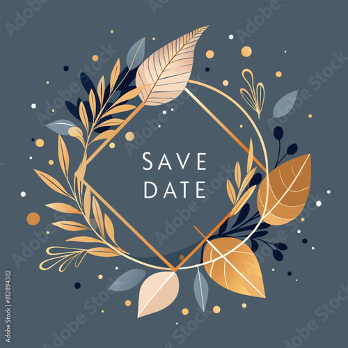 Minimalist save the date card featuring delicate leaves as the main design element, Minimalist save the date design with subtle hints of gold accents