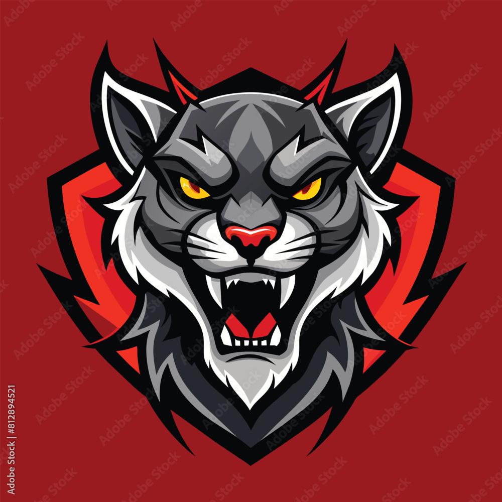 A modern illustration of a black and white cat with striking yellow eyes against a bold red backdrop, Modern Illustration of a Zombie Cougar, Captivating Logo Design A modern illustration of a black and white cat with striking yellow eyes against a bold red backdrop, Modern Illustration of a Zombie Cougar, Captivating Logo Design