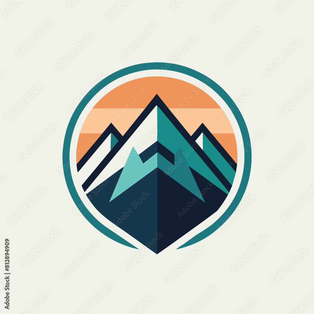 A mountain stands tall against a setting sun in the background, Mountain with frame logo design icon vector template, minimalist logo A mountain stands tall against a setting sun in the background, Mountain with frame logo design icon vector template, minimalist logo