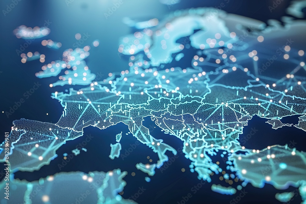 Digital Map of Europe with Global Network Connections,Global Network Overlay on European Digital Map