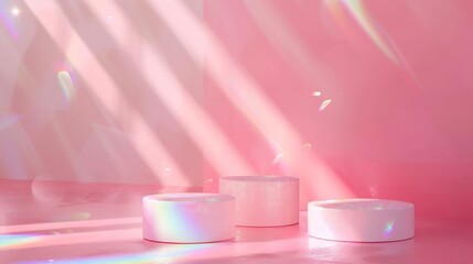 Abstract minimal scene  empty stage two cylinder podiums on pink background with rainbow crystal light refraction sparkles Pedestal for cosmetic product and packaging mockups display p : Generative AI