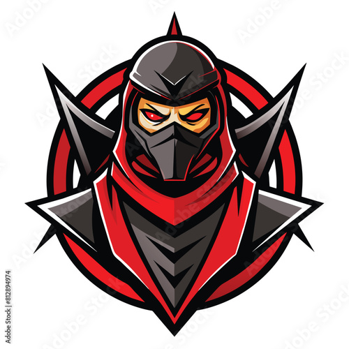 A masked man wearing a red and black uniform, possibly a ninja or assassin, standing or moving in a mysterious pose, Ninja Assassin Logo