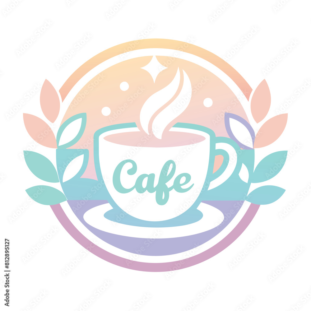 A cup of coffee with the word cafe written on it, against a soft gradient background, Play with pastel colors and soft gradients for a soothing cafe logo A cup of coffee with the word cafe written on it, against a soft gradient background, Play with pastel colors and soft gradients for a soothing cafe logo
