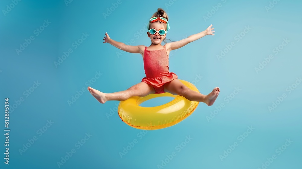 Little funny happy girl in swimsuit and goggles on her head jumping up in air with inflatable ring around waist isolated over blue studio background Summertime vacation an school holid : Generative AI Little funny happy girl in swimsuit and goggles on her head jumping up in air with inflatable ring around waist isolated over blue studio background Summertime vacation an school holid : Generative AI