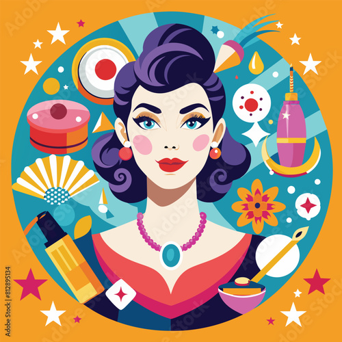 A woman with vibrant purple hair wearing a stylish necklace, Playful and modern interpretation of classic beauty icons