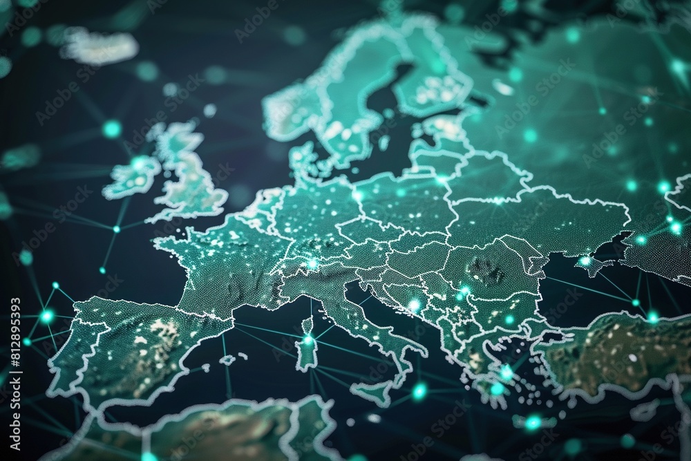 Digital Map of Europe with Global Network Connections,Global Network Overlay on European Digital Map Digital Map of Europe with Global Network Connections,Global Network Overlay on European Digital Map