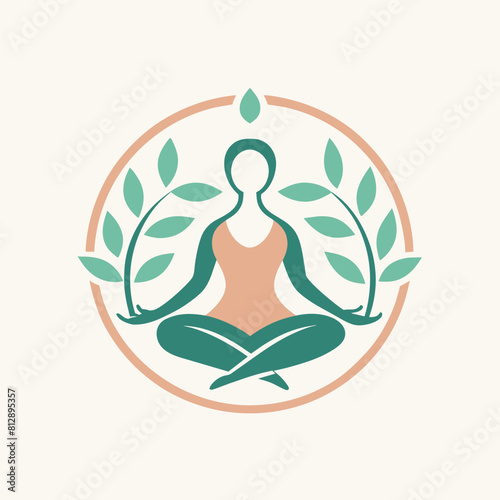 A woman sitting in a lotus position with green leaves around her in a yoga practice setting, Produce a minimalist logo for a yoga studio, minimalist logo